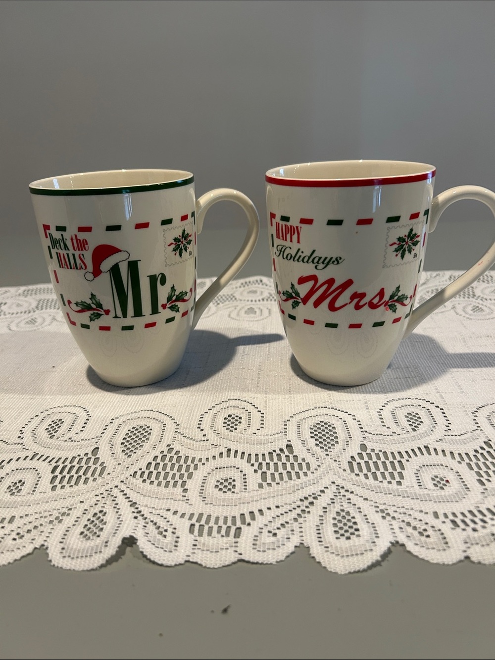 Lenox Holiday Mr.' and 'Mrs.' Ceramic Mugs - Cream, Green & Red 5 in